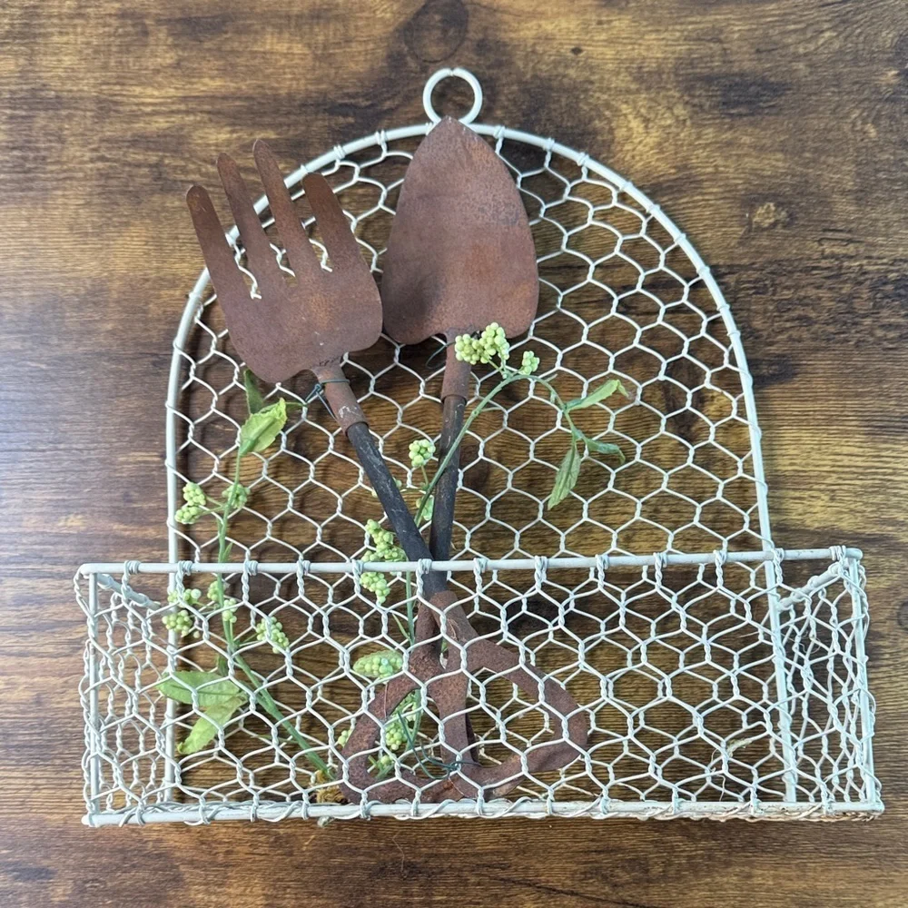 Rustic Brown and Cream Wall Decor with Garden Tools